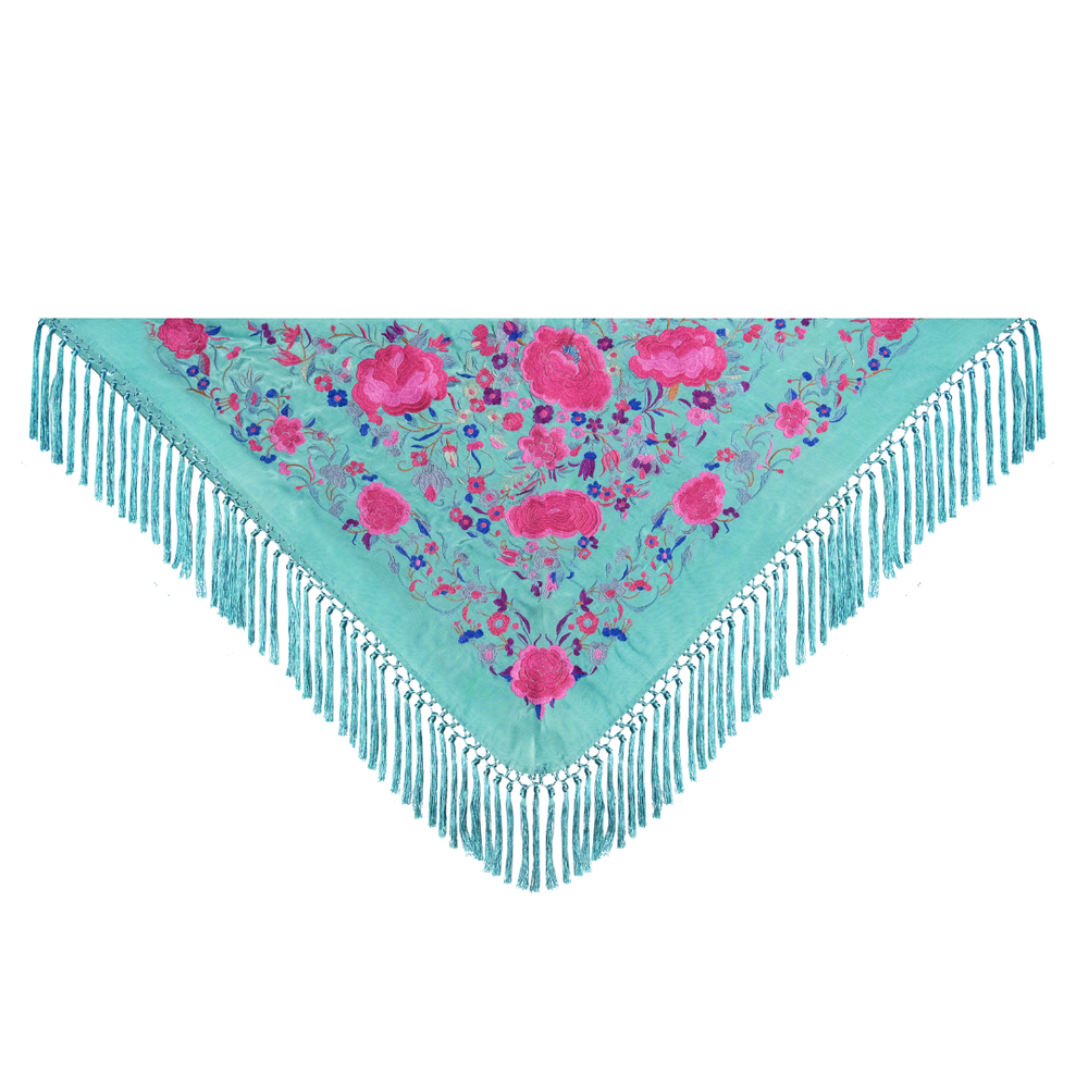 Mantón Macarena Aguamarina Flor Rosa