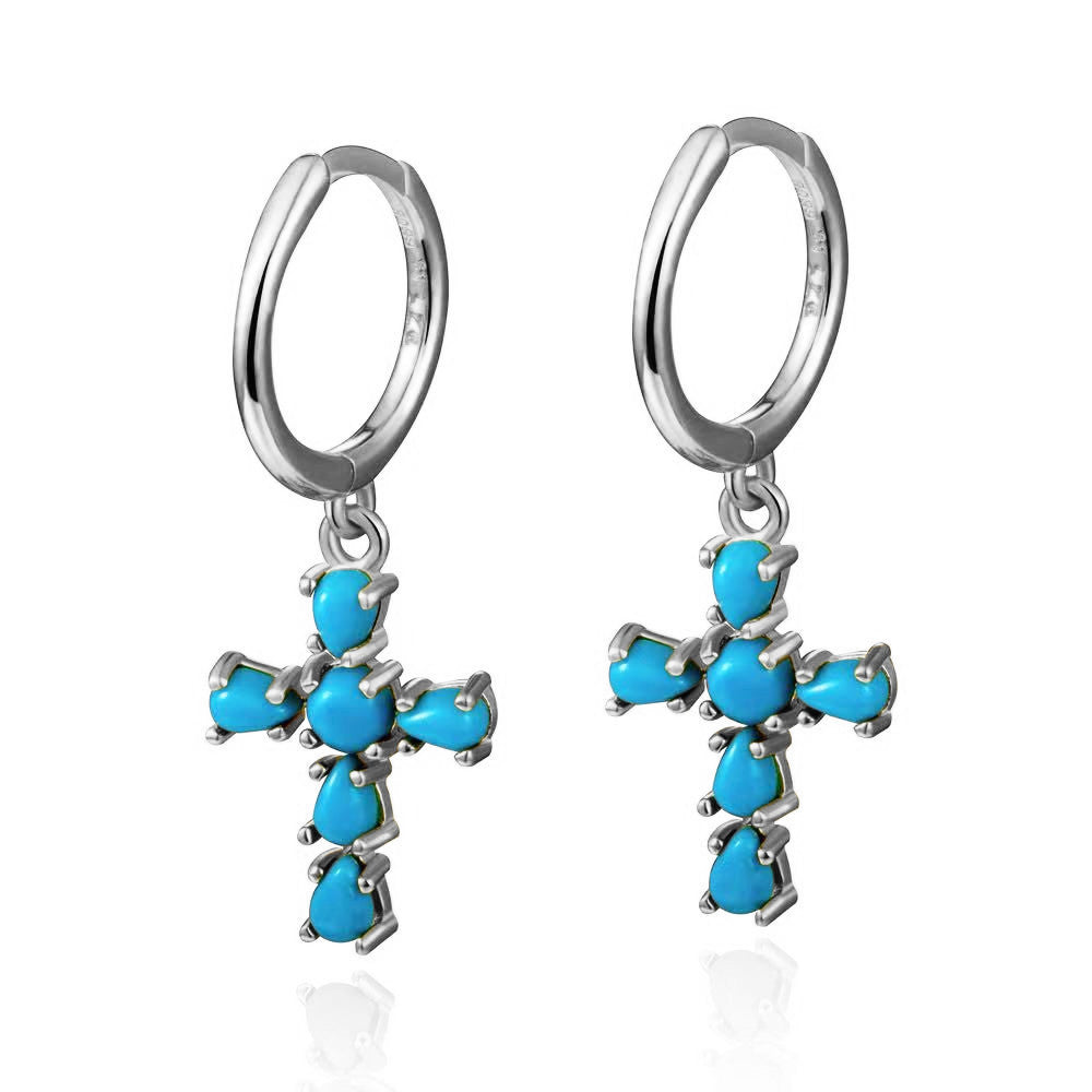 Pendientes Aro Cruz Turquesa Plata