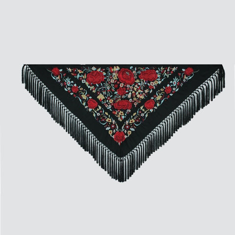 Mantón Macarena Negro Flor Roja