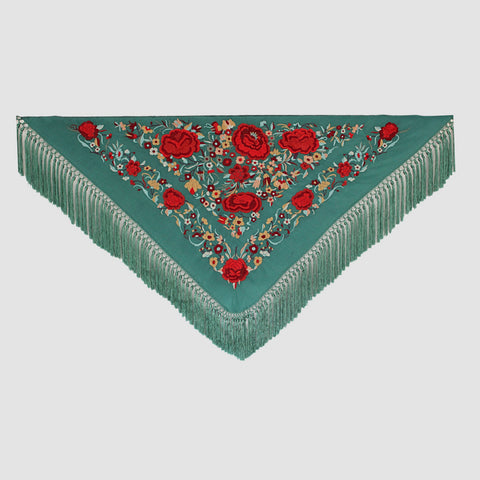 Mantón Macarena Verde Azulado Flor Roja