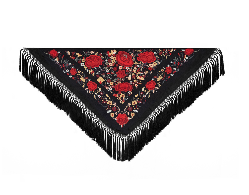 Mantón Macarena Negro Flor Roja
