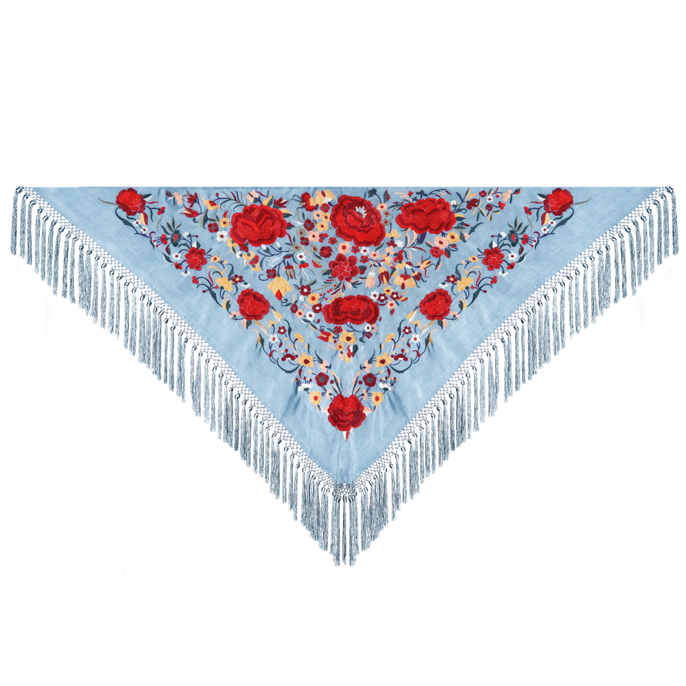 Mantón Macarena Azul Celeste Flor Roja
